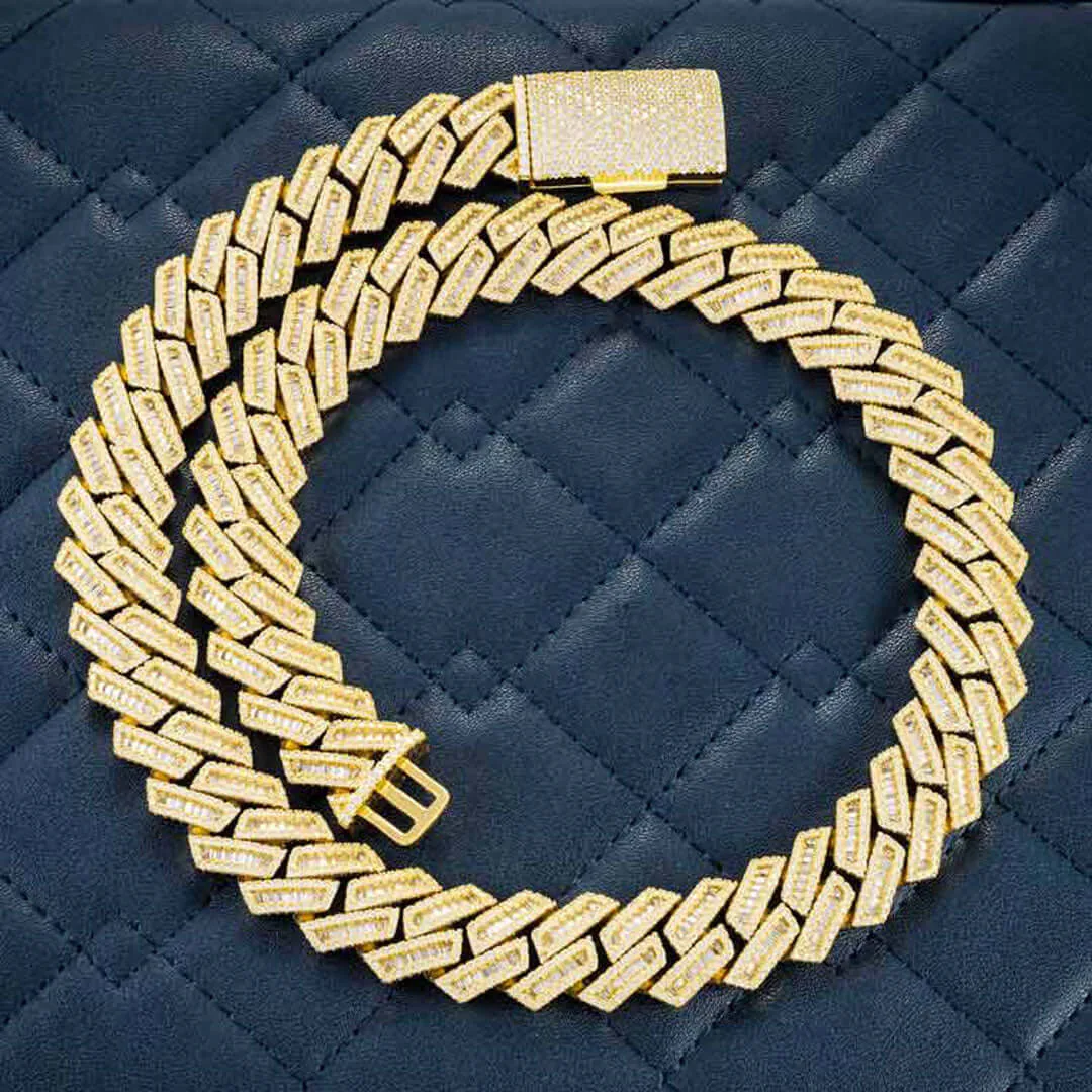 15mm Round Moissanite Cuban Link Chain Aurion in 14K Yellow Gold Closeup