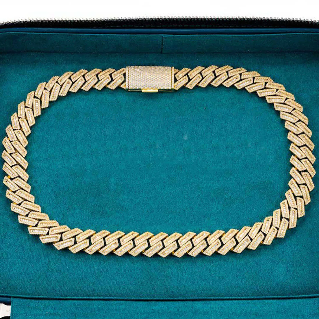 Moissanite Cuban Link Chain Aurion in 14K Yellow Gold, 15mm Round Cut, luxurious shine
