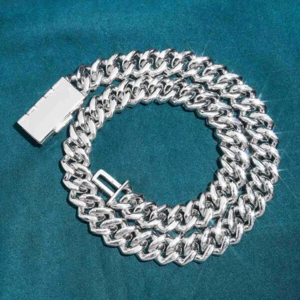 15mm Round Moissanite Cuban Link Chain VividWeave in 14K White Gold Closeup Full Back Side