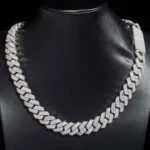 15mm Round Moissanite Cuban Link Chain VividWeave in 14K White Gold Neck
