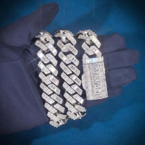 18mm Emerald Moissanite Cuban Link Chain GoldenTide in 14K White Gold Closeup Half Chain