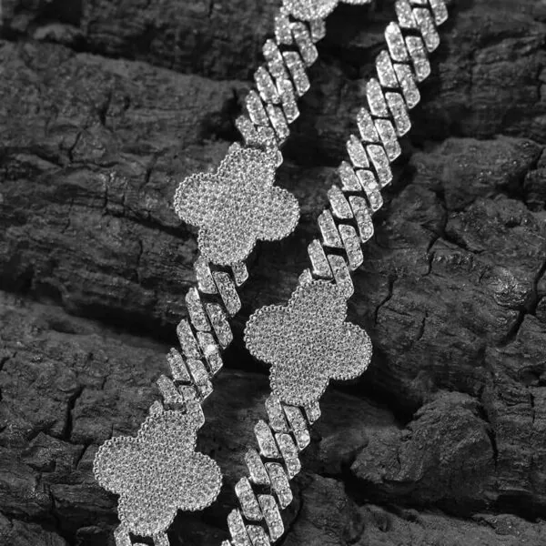 18mm Round Moissanite Cuban Link Chain FloralLink in 14K White Gold Closeup