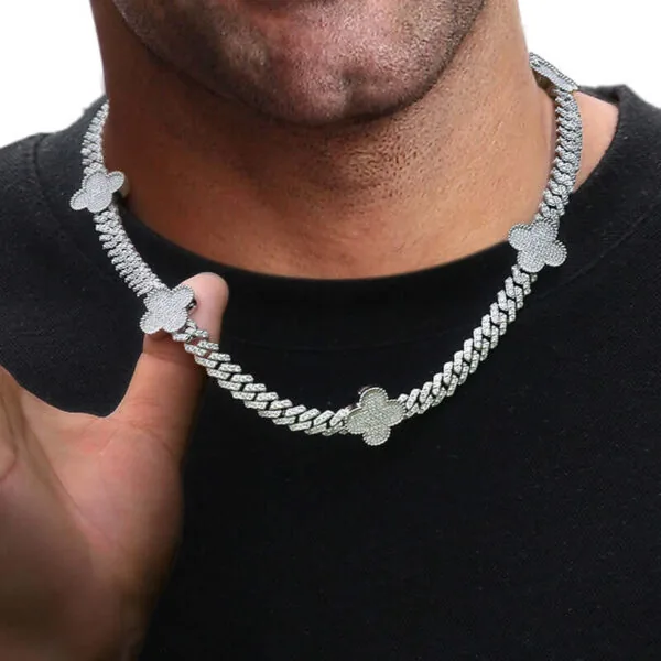 18mm Round Moissanite Cuban Link Chain FloralLink in 14K White Gold Closeup Neck View