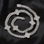 18mm Round Moissanite Cuban Link Chain Floral Link in 14K White Gold