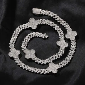 18mm Round Moissanite Cuban Link Chain Floral Link in 14K White Gold