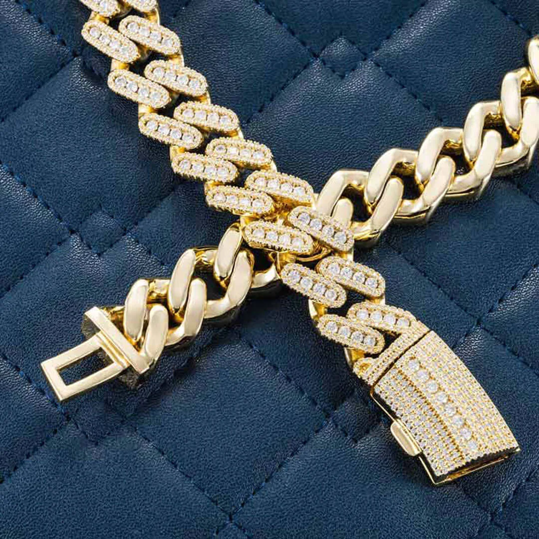 18mm Round Moissanite Cuban Link Chain Golden Blaze in 14K Yellow Gold Closeup Clasp
