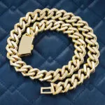 18mm Round Moissanite Cuban Link Chain Golden Blaze in 14K Yellow Gold Closeup Full Back Side