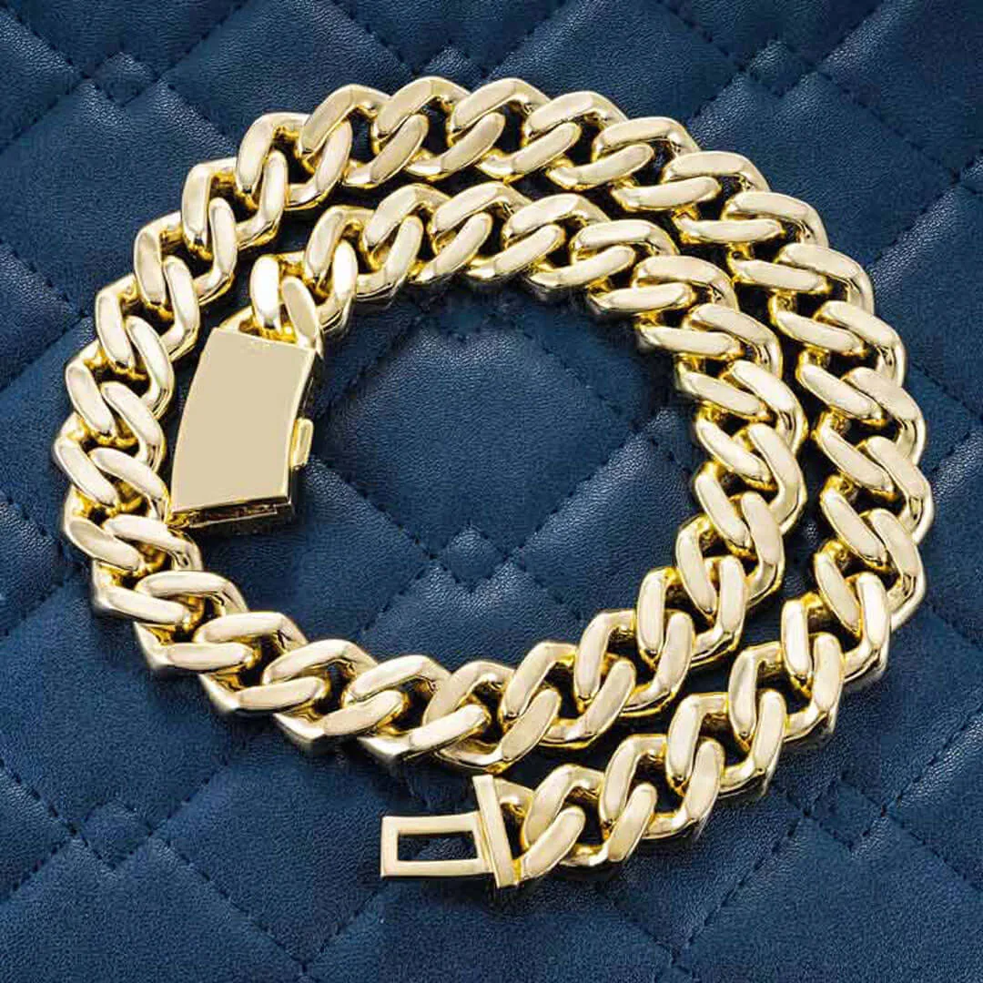 18mm Round Moissanite Cuban Link Chain Golden Blaze in 14K Yellow Gold Closeup Full Back Side