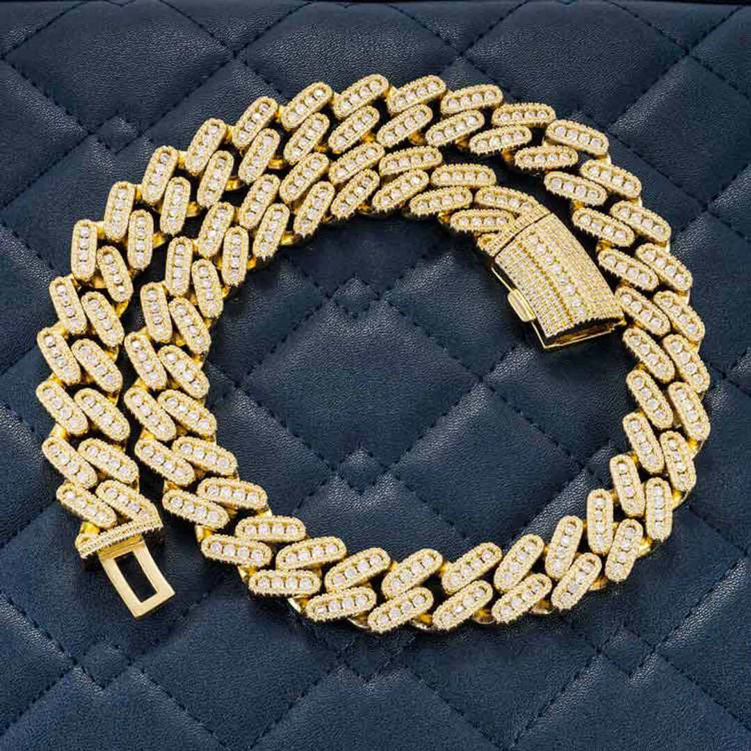 18mm Round Moissanite Cuban Link Chain Golden Blaze in 14K Yellow Gold Closeup Full Front