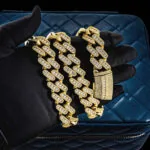 18mm Round Moissanite Cuban Link Chain Golden Blaze in 14K Yellow Gold Closeup Half Chain