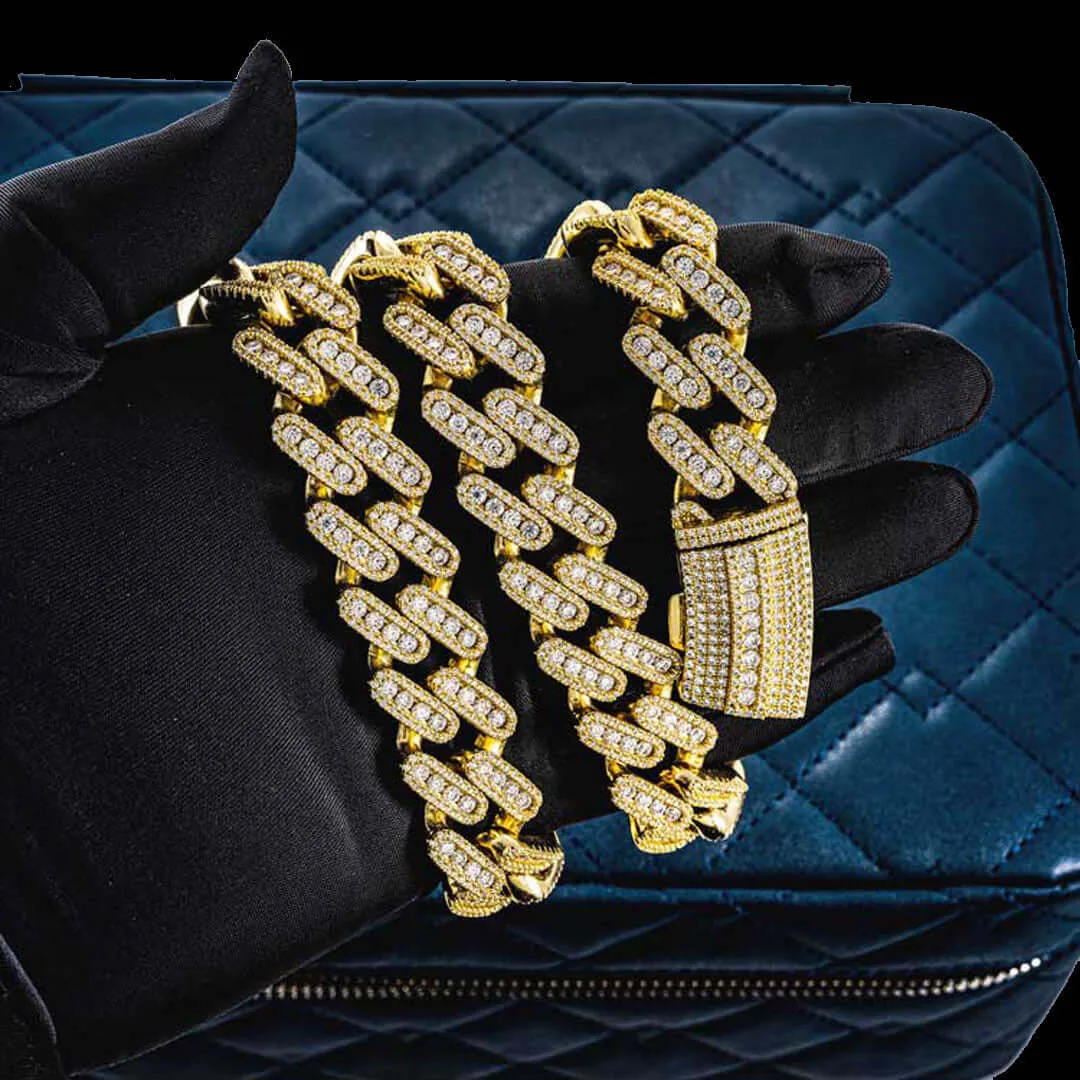 18mm Round Moissanite Cuban Link Chain Golden Blaze in 14K Yellow Gold Closeup Half Chain
