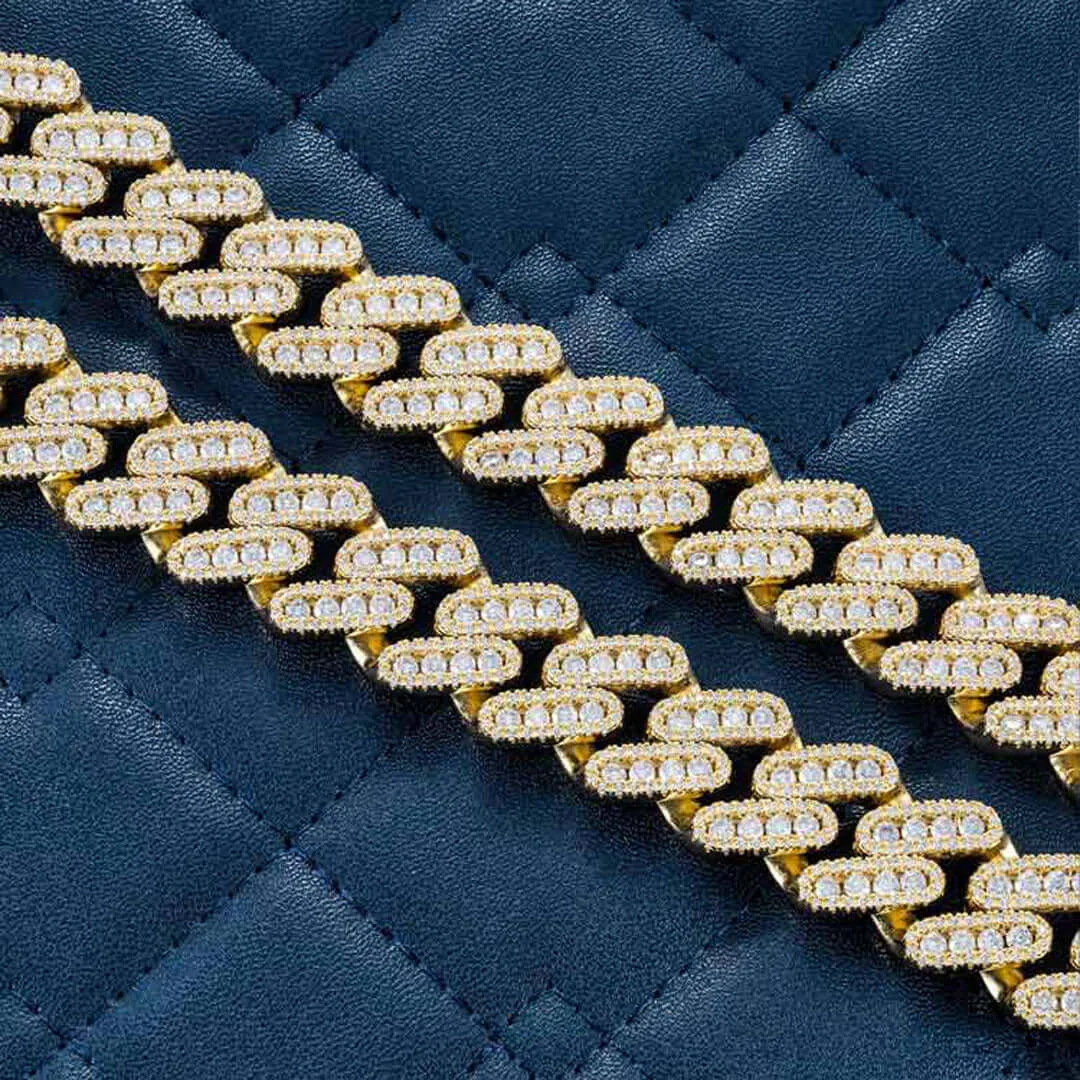18mm Round Moissanite Cuban Link Chain Golden Blaze in 14K Yellow Gold Closeup Half Side