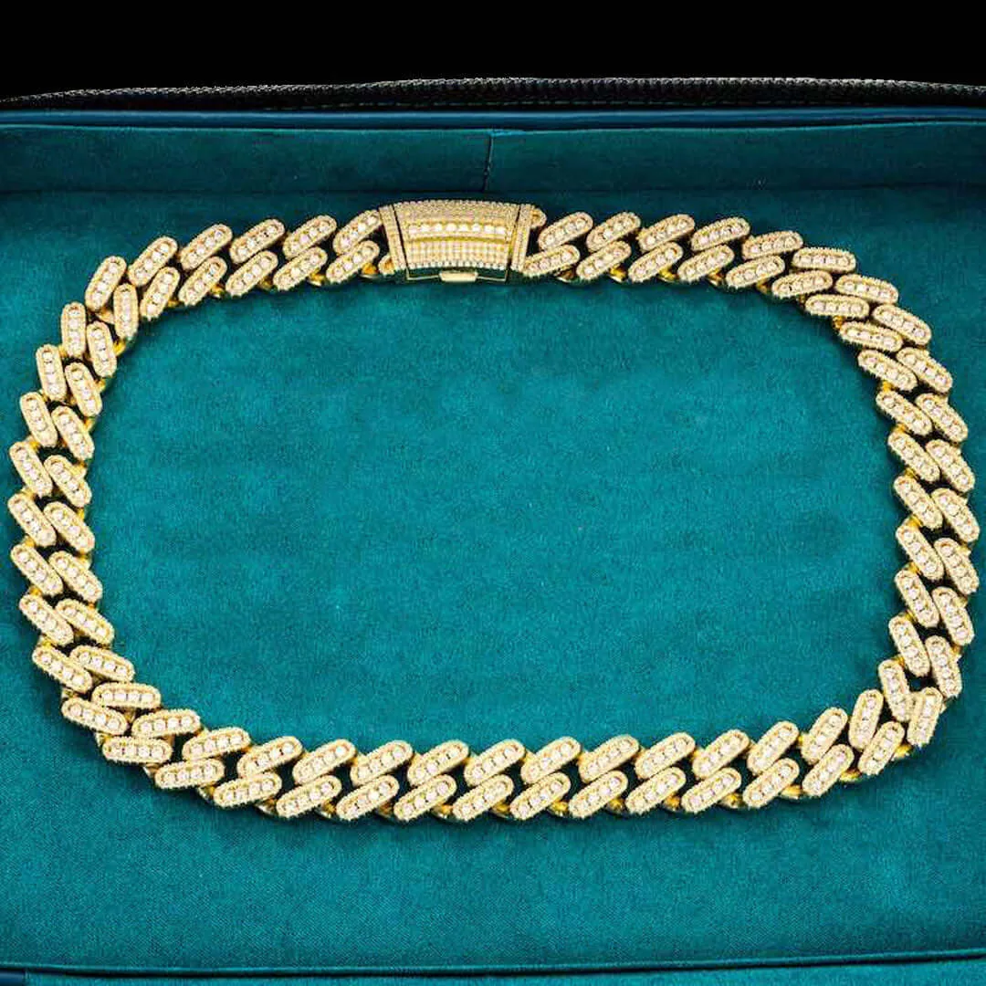 18mm Round Moissanite Cuban Link Chain Golden Blaze in 14K Yellow Gold Front