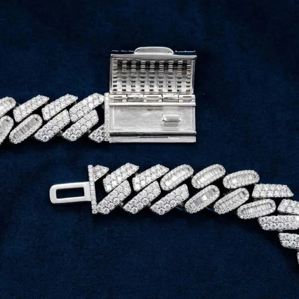 18mm Round Moissanite Cuban Link Chain LuxeStrand in 14K White Gold Closeup Open Clasp