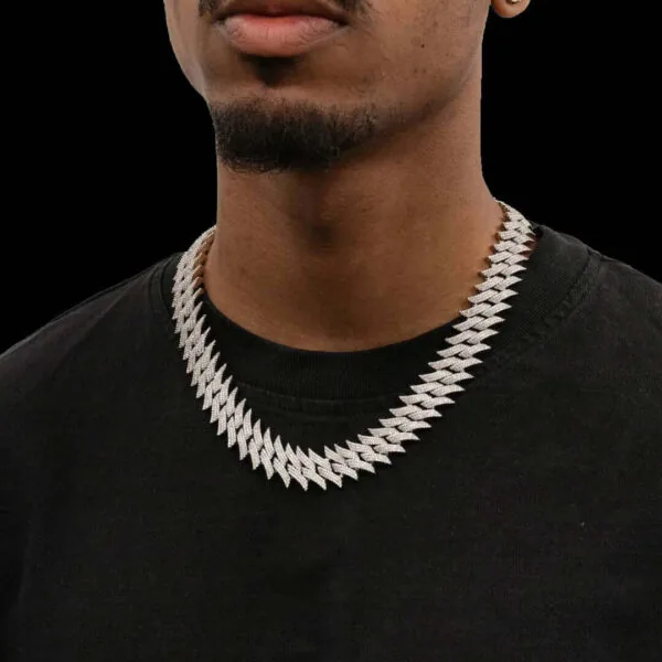 18mm Round Moissanite Cuban Link Chain SharpFlow in 14K White Gold Closeup Neck Front