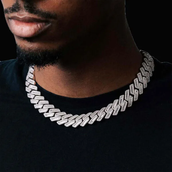 18mm Round Moissanite Cuban Link Chain ShineWeave in 14K White Gold Closeup Neck