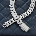 20mm Emerald Moissanite Cuban Link Chain Elite Weave in 14K White Gold Clasp Lock