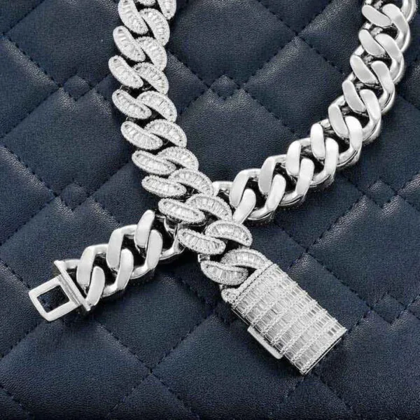 20mm Emerald Moissanite Cuban Link Chain Elite Weave in 14K White Gold Clasp Lock