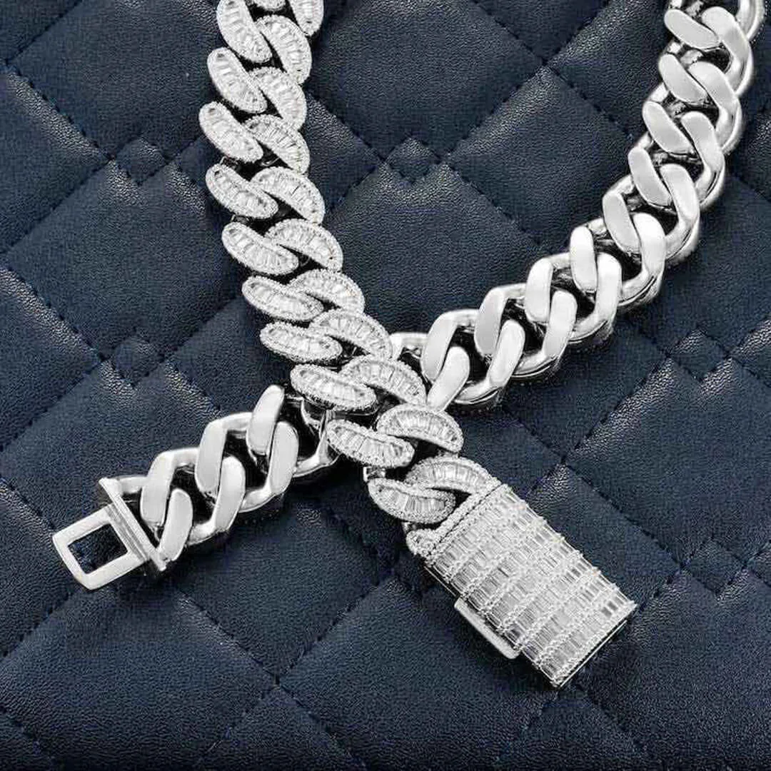 20mm Emerald Moissanite Cuban Link Chain Elite Weave in 14K White Gold Clasp Lock