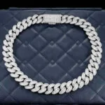 20mm Emerald Moissanite Cuban Link Chain Elite Weave in 14K White Gold Closeup Full Chain
