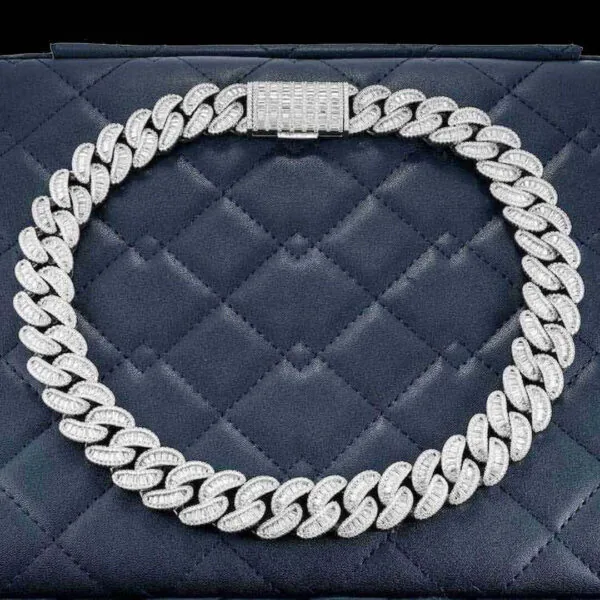 20mm Emerald Moissanite Cuban Link Chain Elite Weave in 14K White Gold Closeup Full Chain