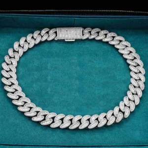 20mm Emerald Moissanite Cuban Link Chain Elite Weave in 14K White Gold