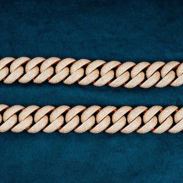 20mm Round Moissanite Cuban Link Chain Aurelon in 14K Rose Gold Closeup