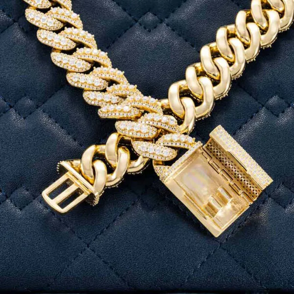 20mm Round Moissanite Cuban Link Chain BoldWeave in 14K Yellow Gold Closeup Open Clasp