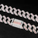 20mm Round Moissanite Cuban Link Chain CrimsonWeave in 14K White Gold Closeup Clasp