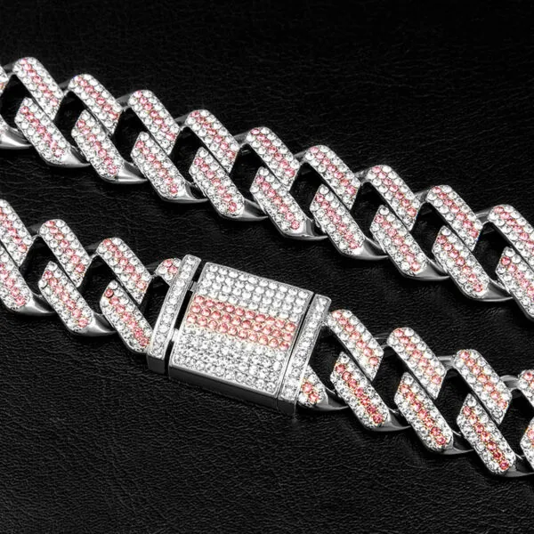 20mm Round Moissanite Cuban Link Chain CrimsonWeave in 14K White Gold Closeup Clasp