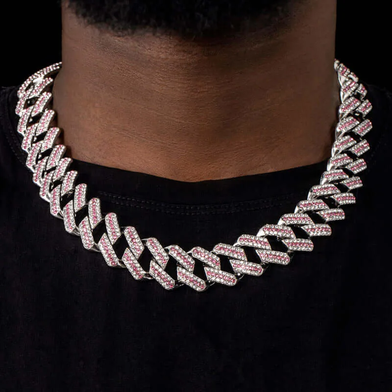20mm Round Moissanite Cuban Link Chain CrimsonWeave in 14K White Gold Closeup Neck