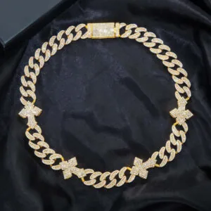 20mm Round Moissanite Cuban Link Chain Crosschain in 14K Yellow Gold