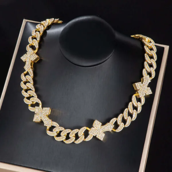 20mm Round Moissanite Cuban Link Chain Crosschain in 14K Yellow Gold Neck