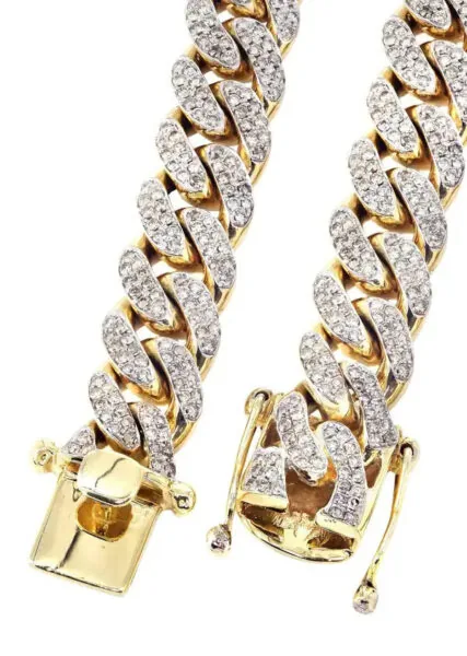 20mm Round Moissanite Cuban Link Chain Gildane in 14K Yellow Gold Closeup Clasp