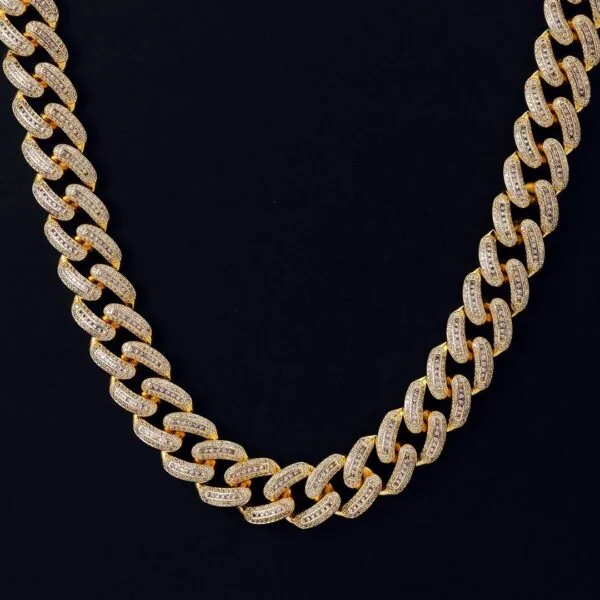 20mm Round Moissanite Cuban Link Chain Glimmerlink in 14K Yellow Gold Closeup Front