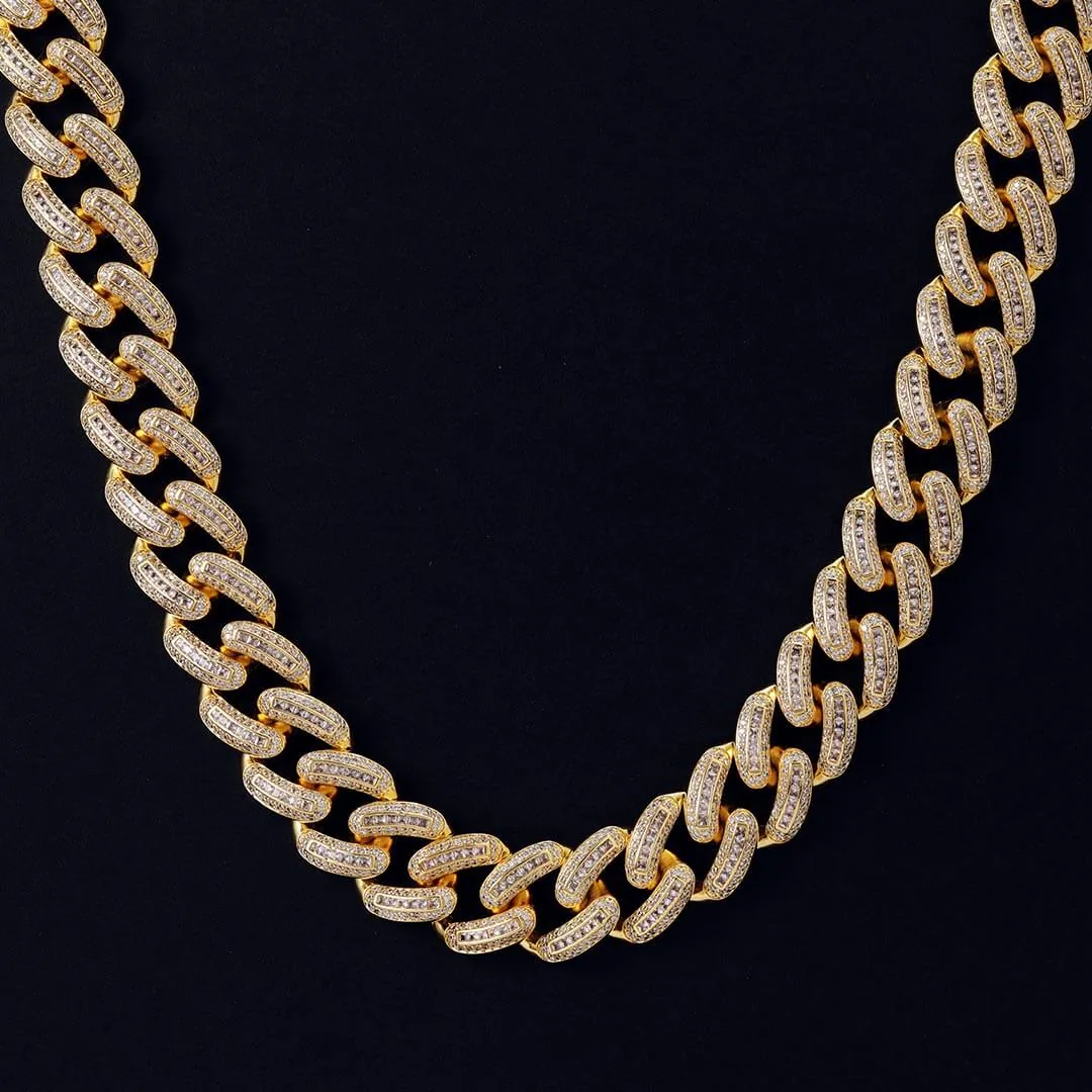 20mm Round Moissanite Cuban Link Chain Glimmerlink in 14K Yellow Gold Closeup Front