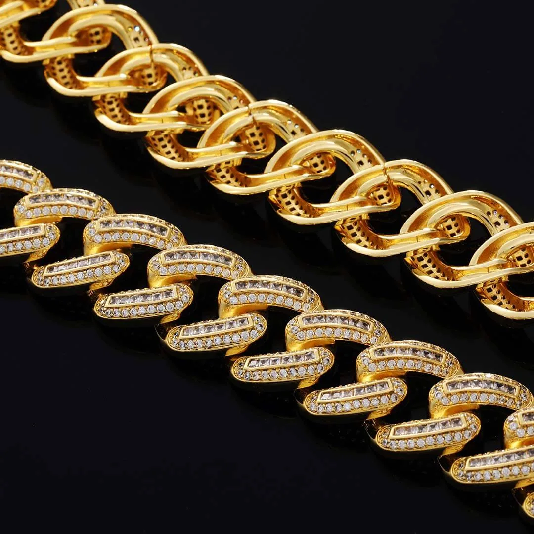 20mm Round Moissanite Cuban Link Chain Glimmerlink in 14K Yellow Gold Closeup Middle