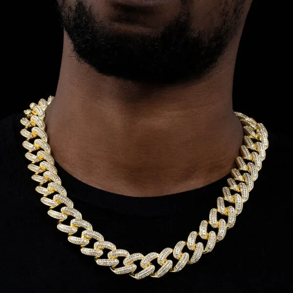 20mm Round Moissanite Cuban Link Chain Glimmerlink in 14K Yellow Gold Neck