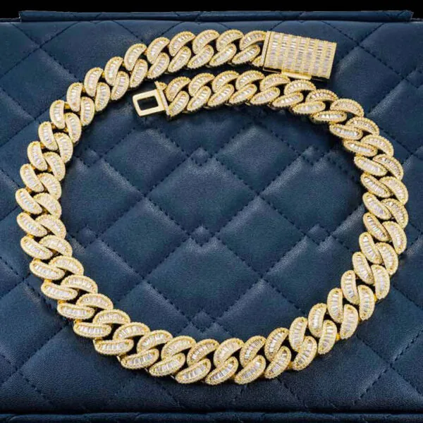 Closeup View of 20mm Round Moissanite Cuban Link Chain Lux Weave in 14K Yellow Gold