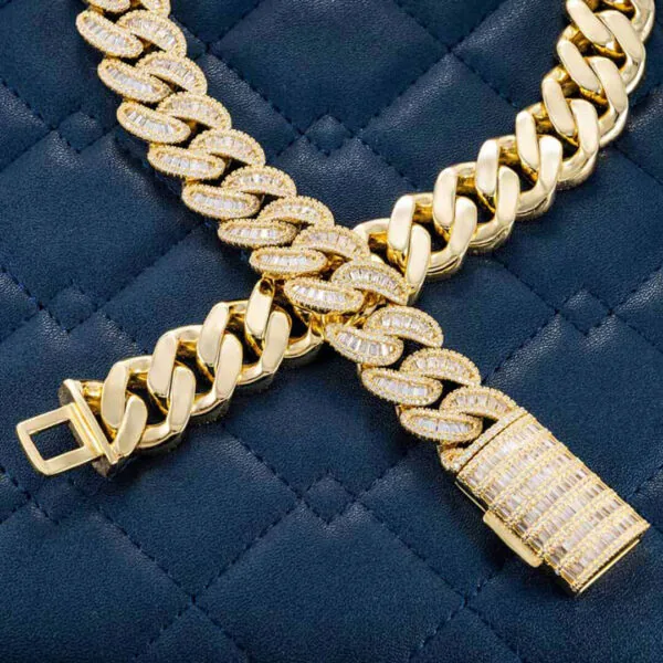 Closeup Front And Back View of 20mm Round Moissanite Cuban Link Chain Lux Weave in 14K Yellow Gold