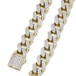 20mm Round Moissanite Cuban Link Chain OpalWeave in 14K Yellow Gold Closeup Clasp