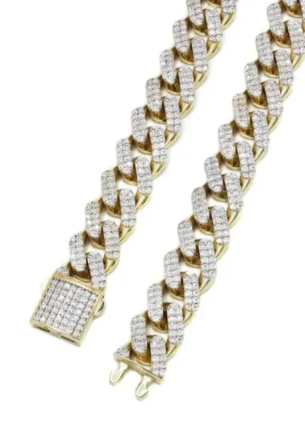 20mm Round Moissanite Cuban Link Chain OpalWeave in 14K Yellow Gold Closeup Clasp