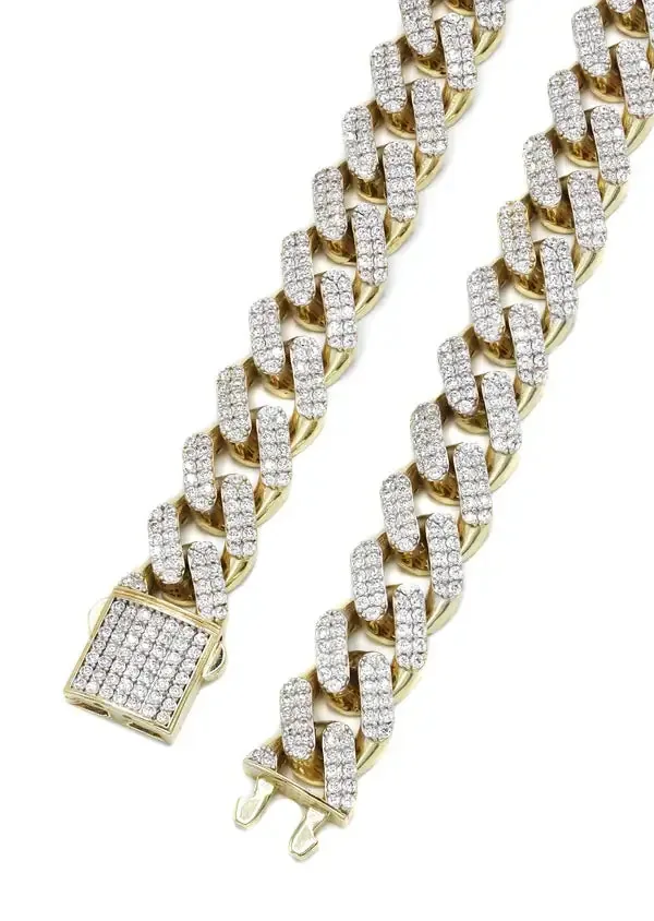 20mm Round Moissanite Cuban Link Chain OpalWeave in 14K Yellow Gold Closeup Clasp