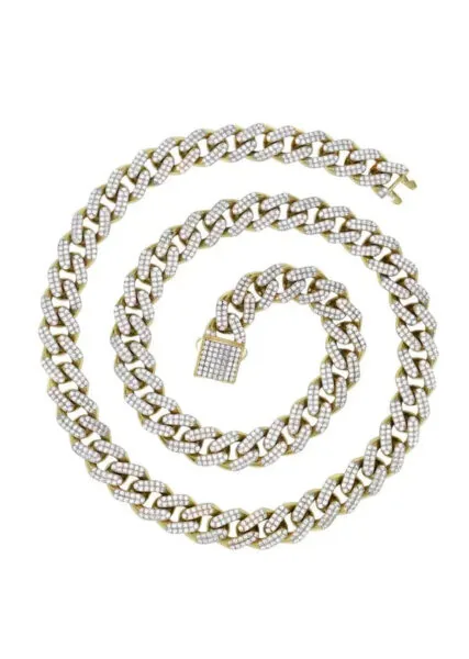 20mm Round Moissanite Cuban Link Chain OpalWeave in 14K Yellow Gold Closeup Full Chain