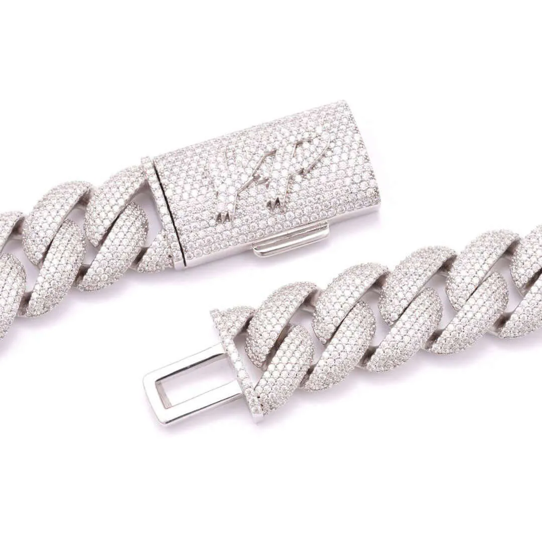 22mm Round Moissanite Cuban Link Chain GoldTwist in 14K White Gold Closeup Clasp
