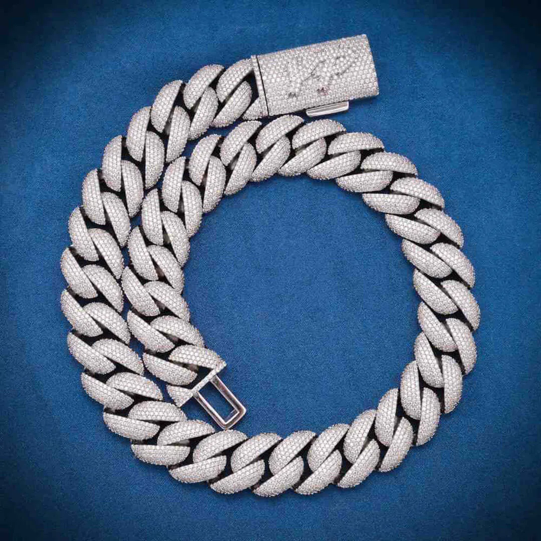 22mm Round Moissanite Cuban Link Chain GoldTwist in 14K White Gold Front