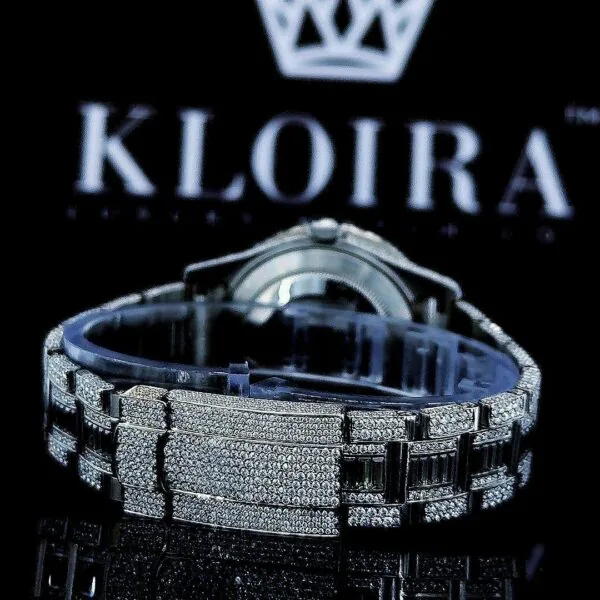 Fully Iced Out White Dial Black Stick Markers Baguette Moissanite Watch Back View