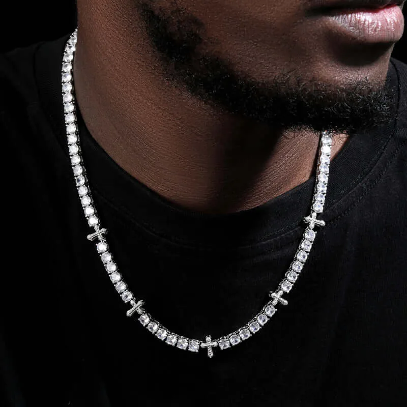 5mm Round Moissanite Tennis Chain Crosslink in 14K White Gold Closeup Neck View