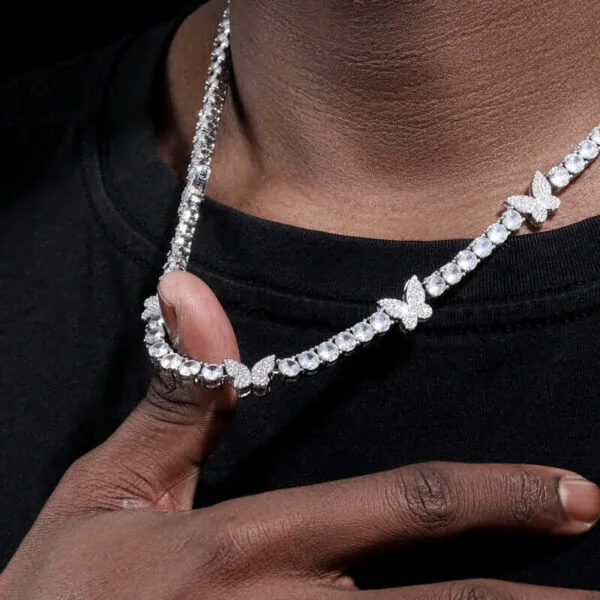5mm Round Moissanite Tennis Chain FloraGleam in 14K White Gold Closeup Neck View