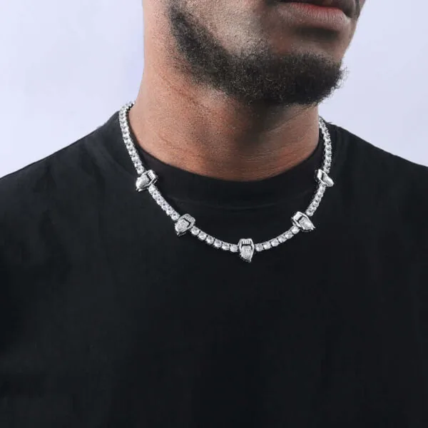5mm Round Moissanite Tennis Chain Gripstone in 14K White Gold Closeup Neck View